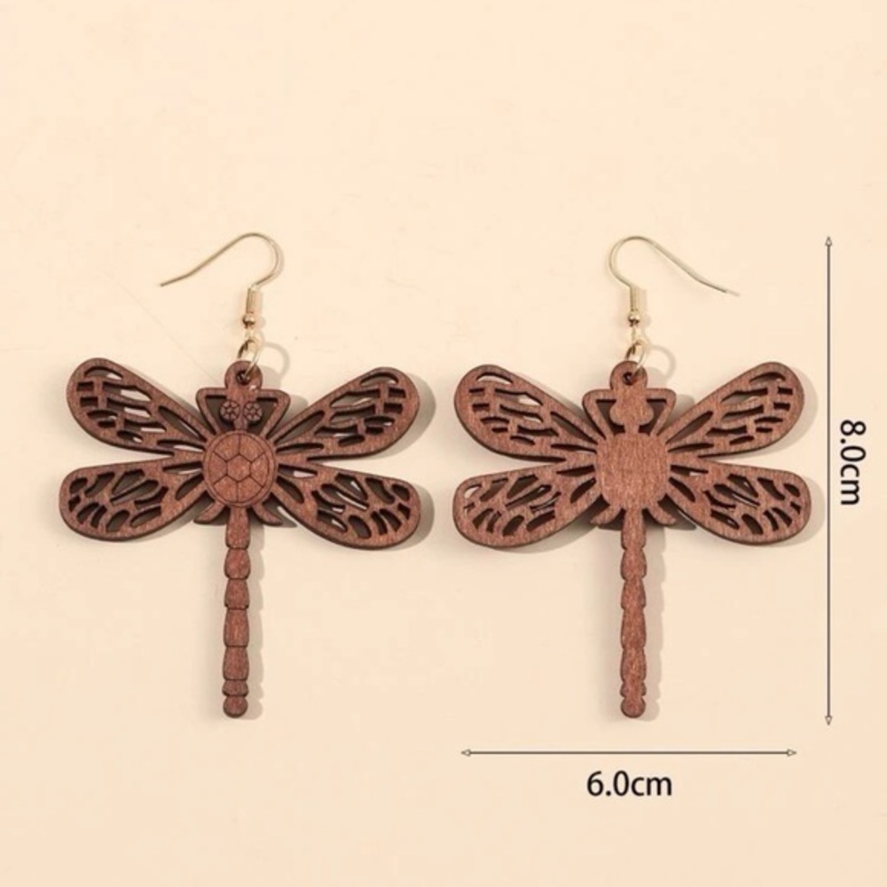 Hollow Out Dragonfly Drop Earrings Wood Golden Post - Picture 5 of 7